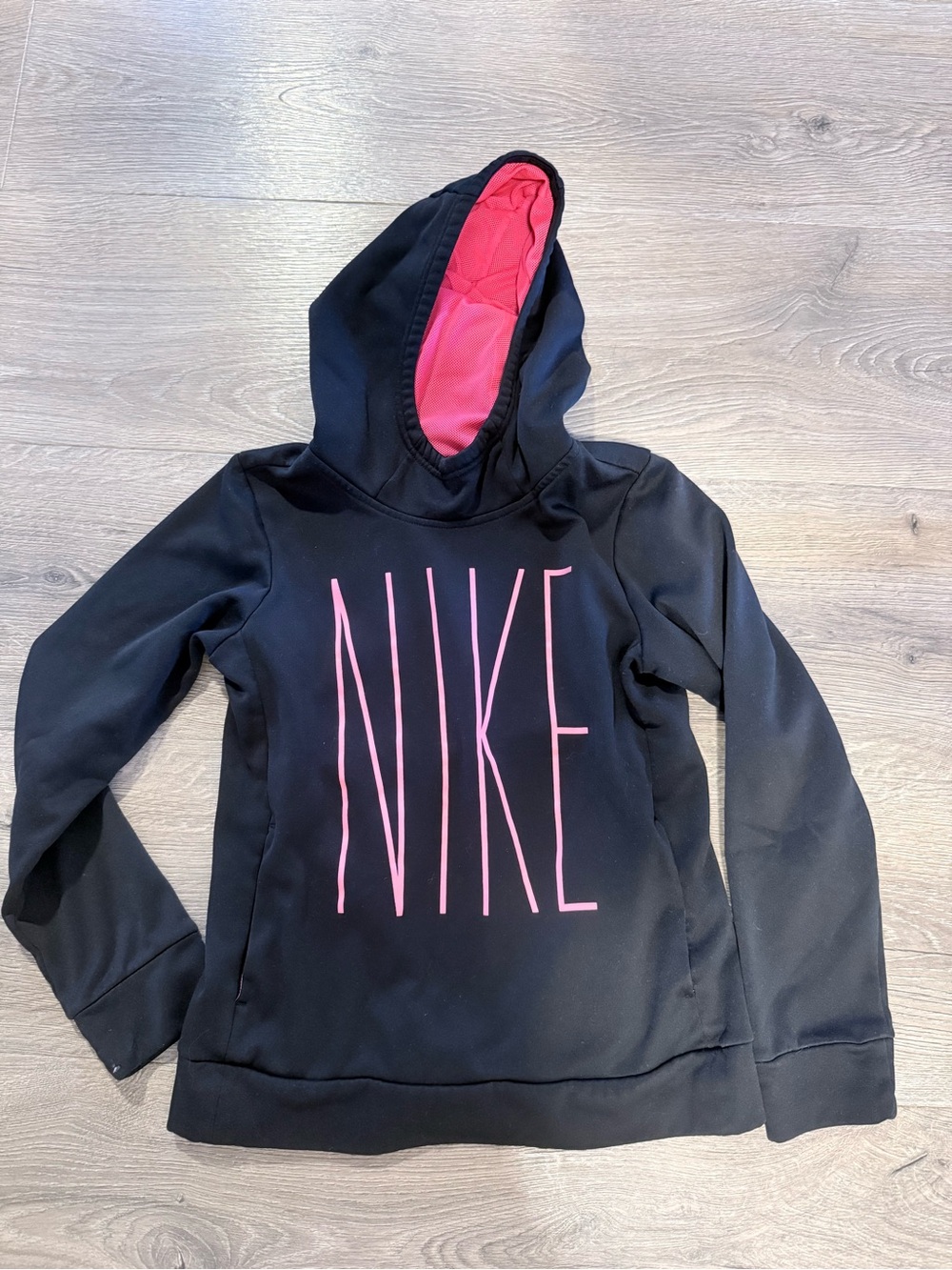 Youth Girls Nike Black Hoodie with Pink Logo